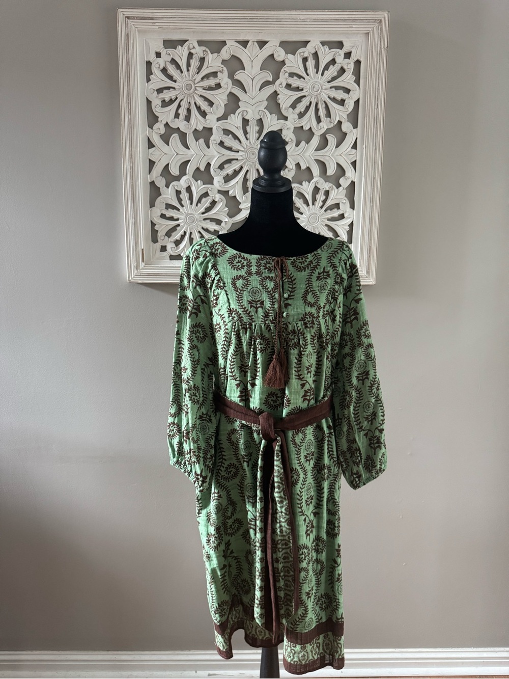 Studio Park Green Printed Long Sleeve Midi Dress with Brown Accents